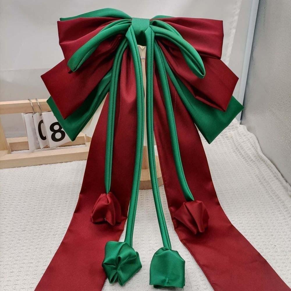 Contrast Color Satin Ribbon Headdress Sweet Christmas Hair Accessory Oversized Bow Hair Clip  Daily