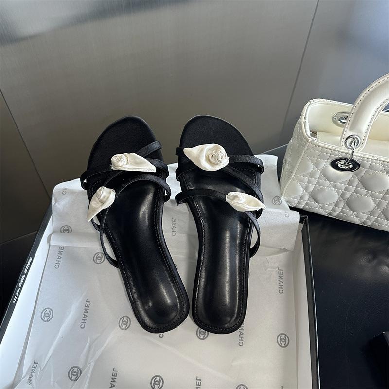 2025 New Fashion Flat-bottomed Flower One-word Flat-bottomed Slippers Women's Shoes