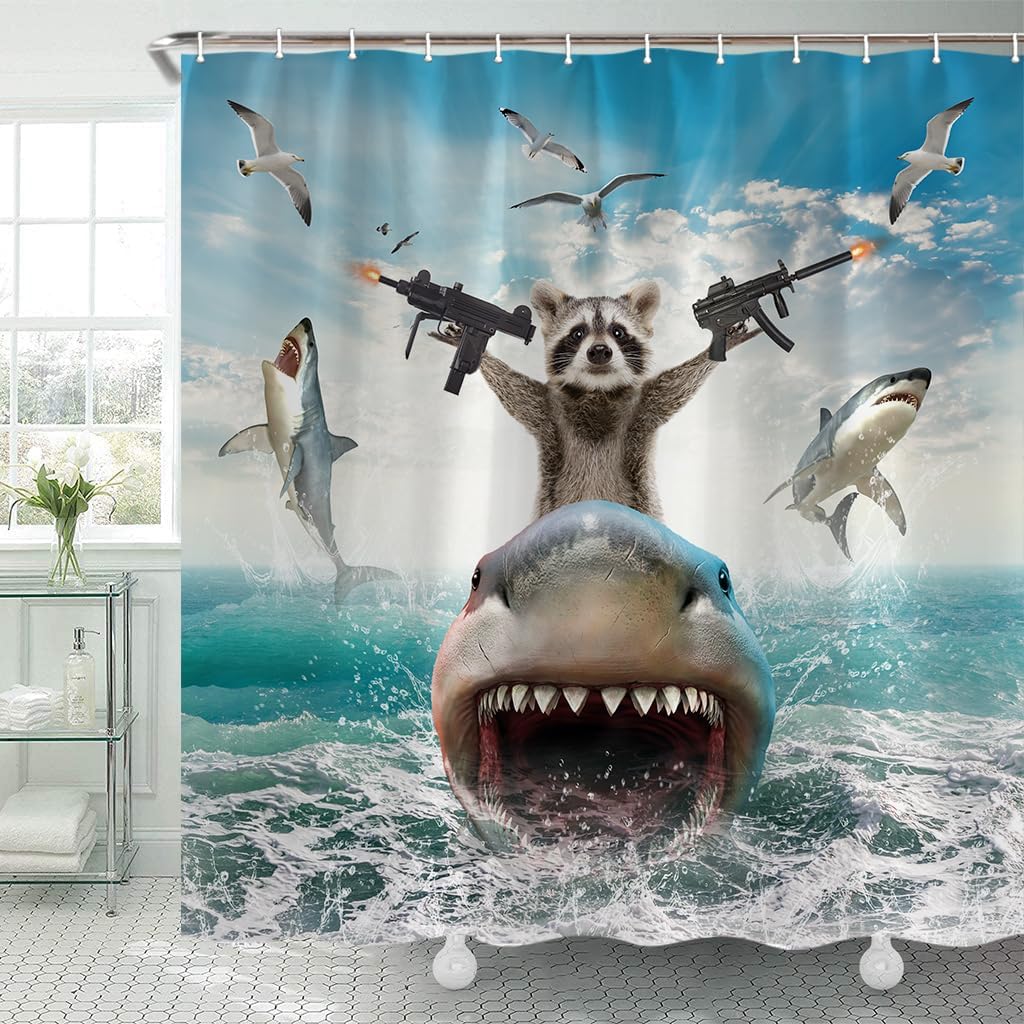 Funny Animal Shower Curtain, Cool Raccoon Riding Shark Theme Ocean Shower Curtain for Bathroom, Fun Nautical Kids Children Fabri