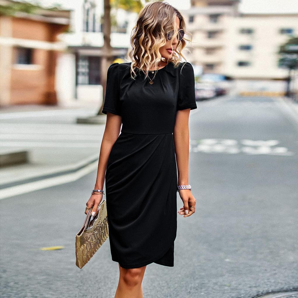 Women's Solid Color Summer Temperament Commuter Crew Neck Short Sleeve Mediumn Long Dress