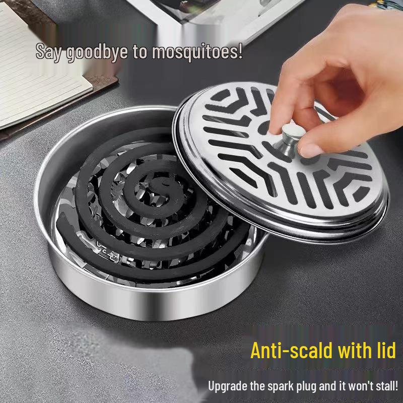 

Thickened Stainless Steel Mosquito Coil Holder with Lid: Fireproof, Anti-Scald, Elevated Tray, Ash Catcher, Incense Burner. Steel Color [Nail Plate Version]