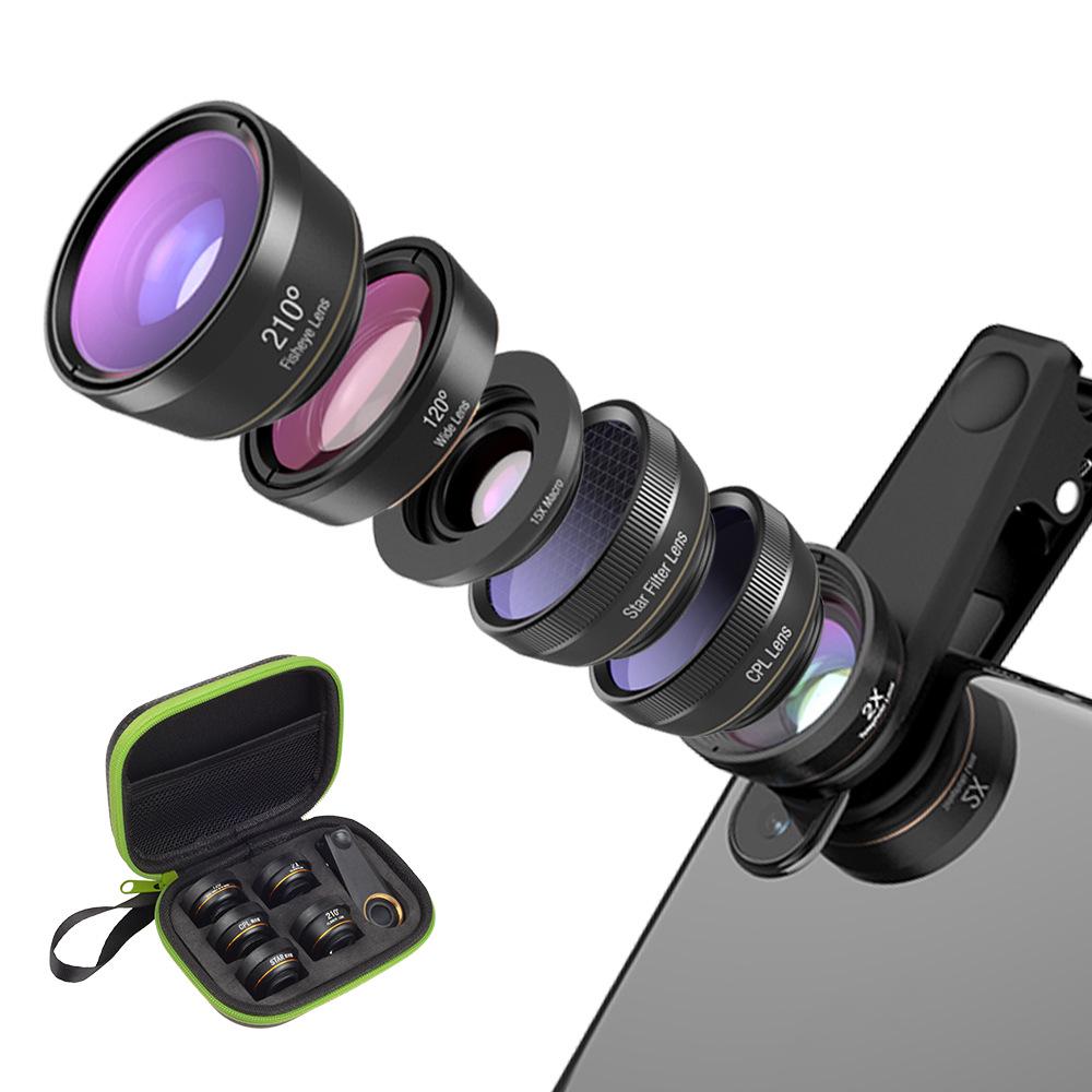 Universal 6-in-1 Mobile Lens Set: Fisheye, Wide-angle, Macro, Telephoto, Polarizing, Starlight.