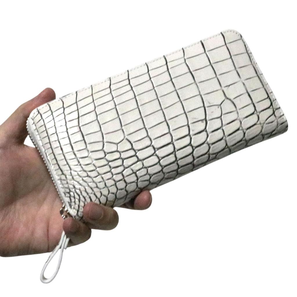 Bercute Beige Vanilla 2 Crocodile Long Wallet for Men and Women, Authentic, Dyed with White Leather, Alligator Skin, Round Zipper closure, Slim