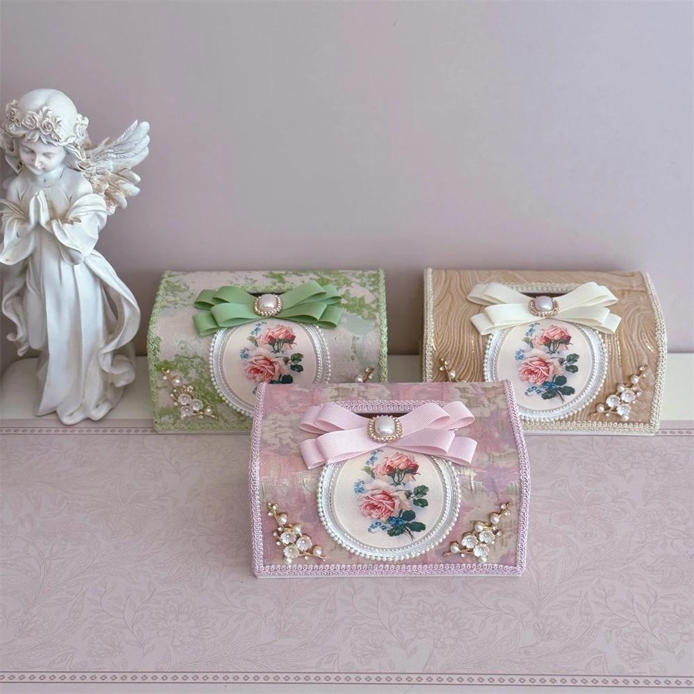 Korean Romantic Tissue Box Oil Painting Style Lace Tissue Box Pearl Bow Fabric Household Car Paper Box Pink Green Brown
