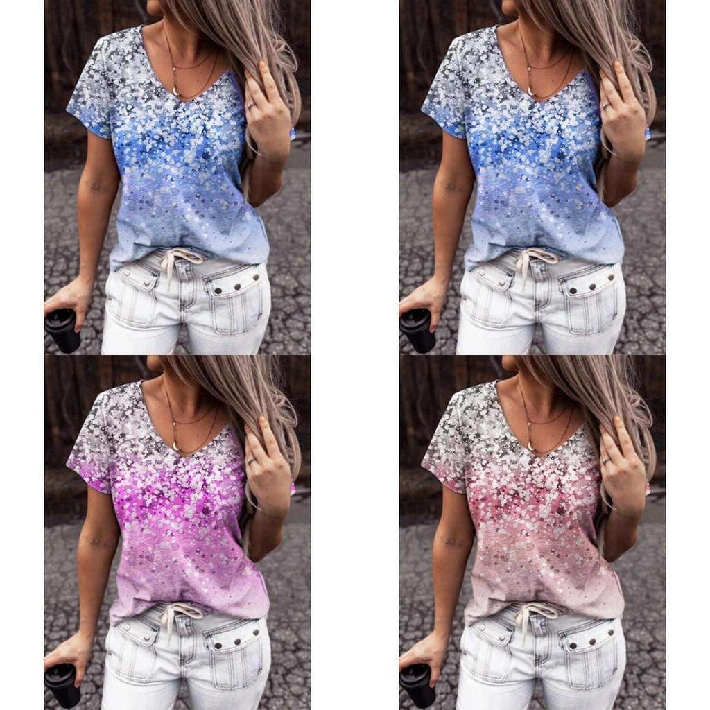 Elegant Womens V-neck Short Sleeve Floral Print Tops T-shirt For Casual Wear