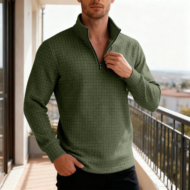 Solid-colour Half-zip Turtleneck Jumper with Small Check Jacquard Pattern