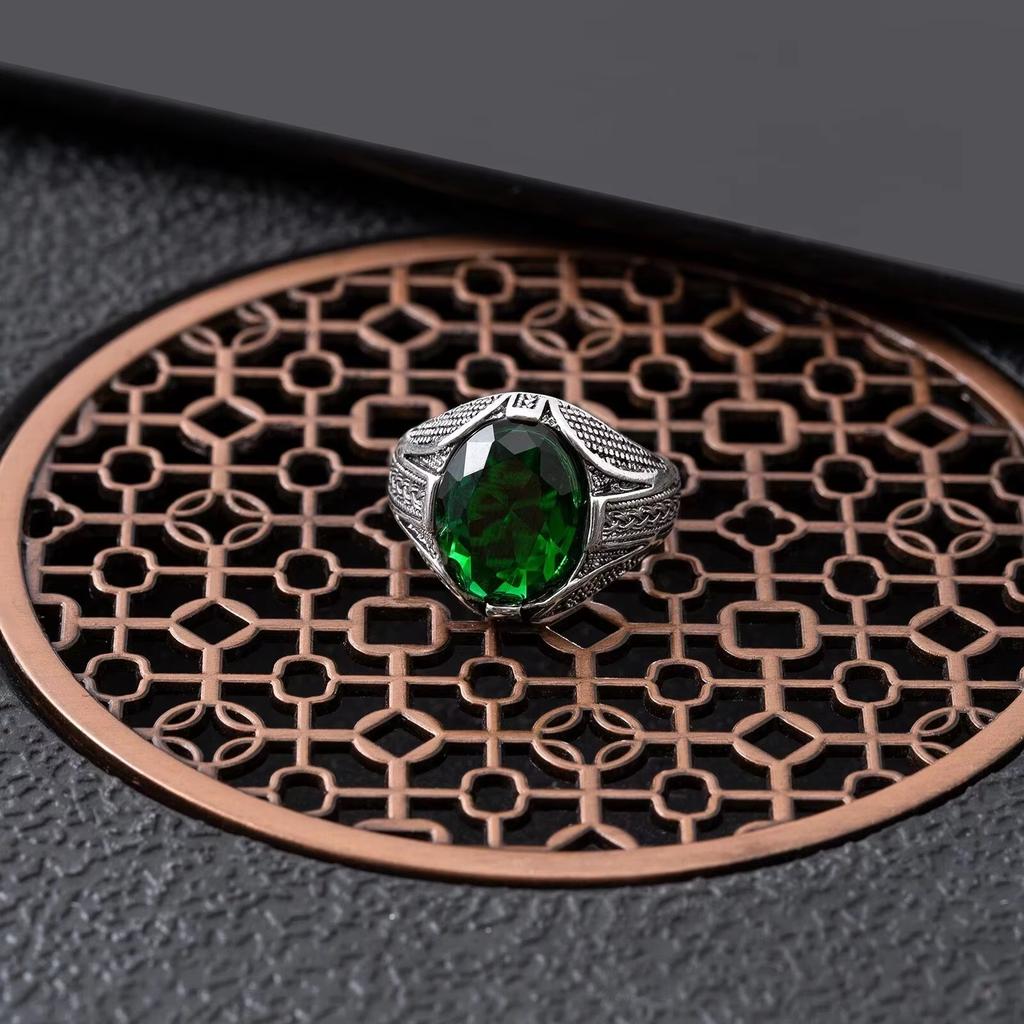 Anello da Uomo con Cristalli Verdi alla Moda, Design Retrò Personalizzato, Stile Turco, Accessori Gioielli da Festa