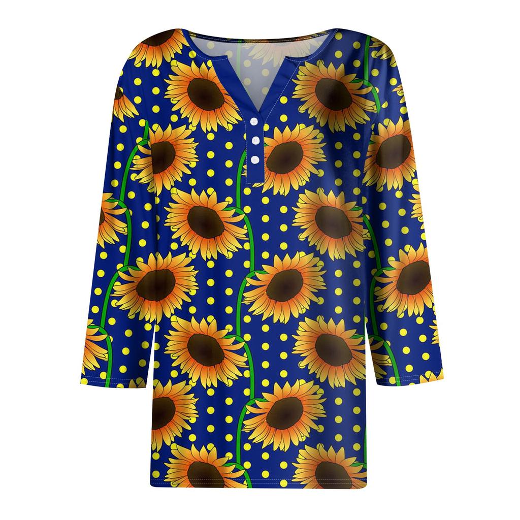 3/4 Length Sleeve Womens Tops Floral Print Vintage Fashion Casual Loose With V Neck Plus Size Shirts