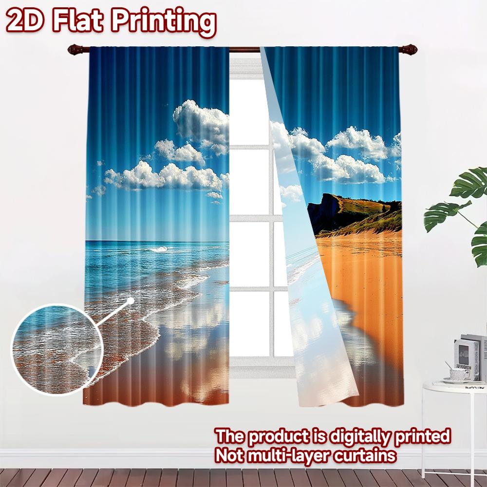2D flat printing 2pcs Party Window Curtains Beach Cliffs Ocean Waves Cloudy Sky Digital Printed Polyester Drapes Festive Wall