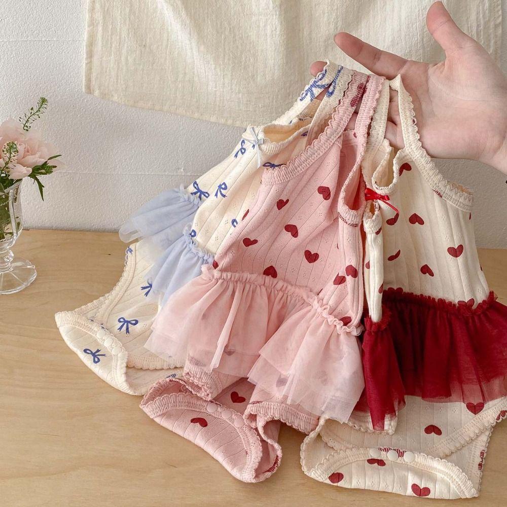 Cute Sweet Summer Baby Girl Onesies Butterfly And Heart Print Cotton Baby Mesh Skirt Bodysuit Simple Comfortable Baby Romper