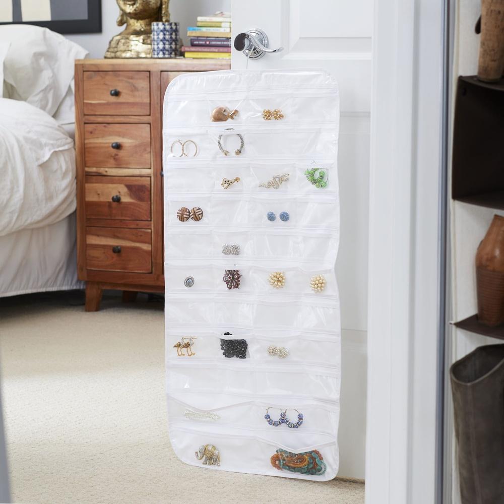 Double-Sided Jewelry Organizer 80 Pockets Hooks PEVA Storage Earrings Necklaces Rings Hair Accessories Tangle-Free Closet