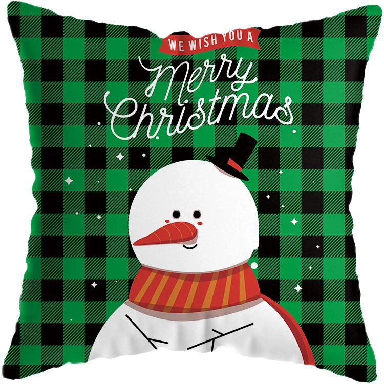 Christmas Theme Green Plaid Santa Snowman Print Pattern Cushion Cover Home Sofa Decor Throw Pillow Cover 45x45cm