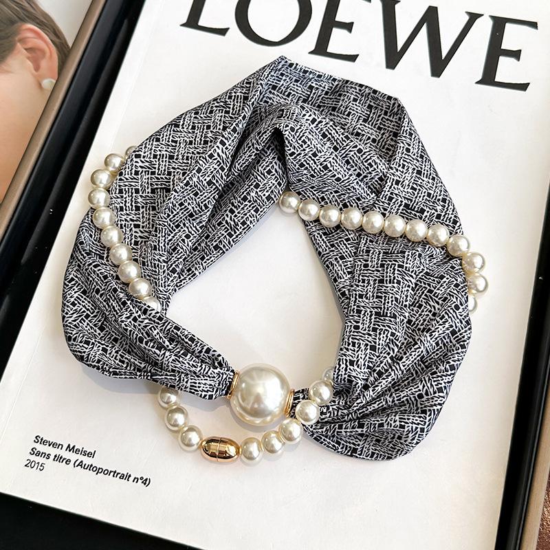- Pearl Necklace, Long Silk Scarf, Women's Neck Warmer, Thin Scarf