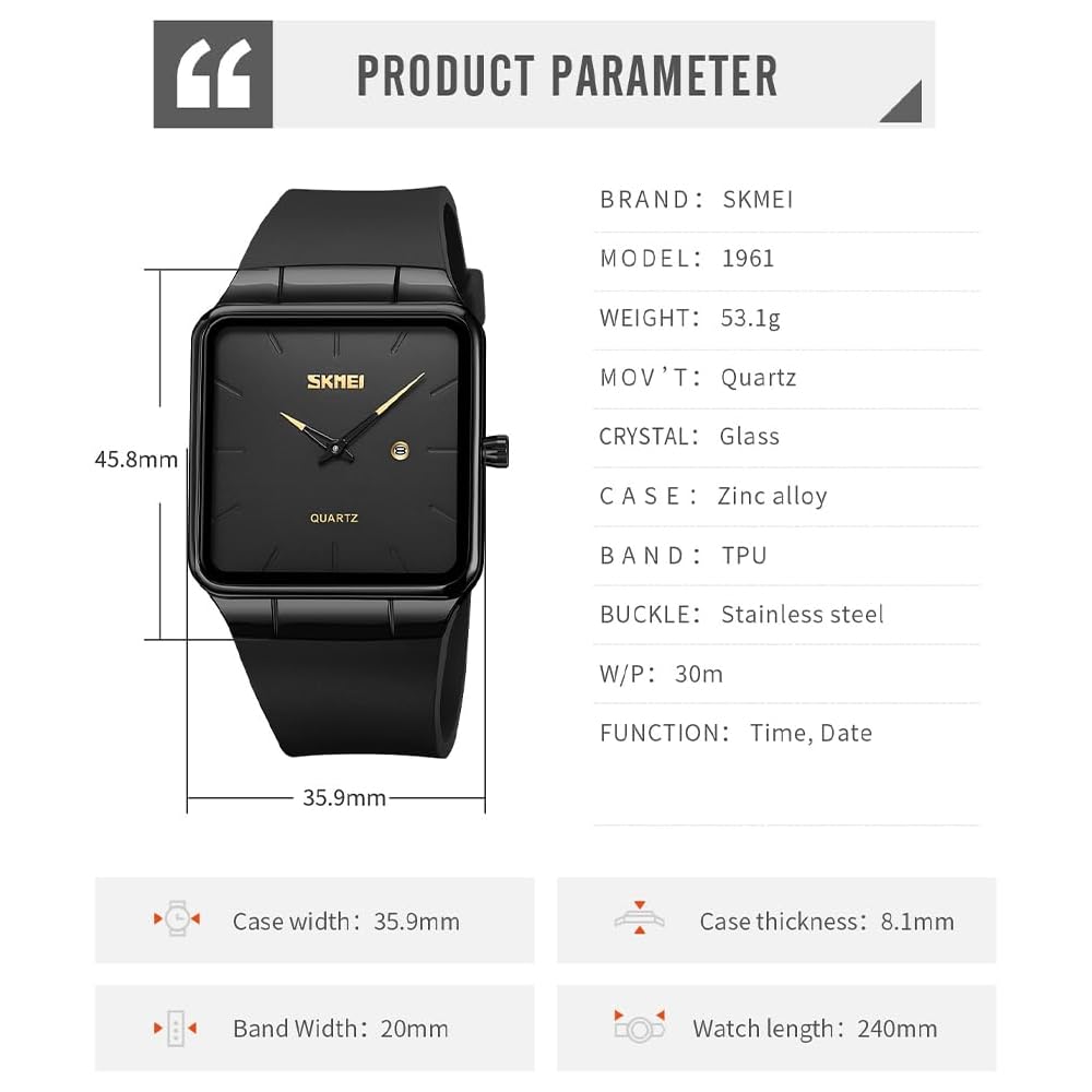 Square Men's Watch Leather Strap Black Simple Slim Stylish Waterproof Business Casual Gold Black