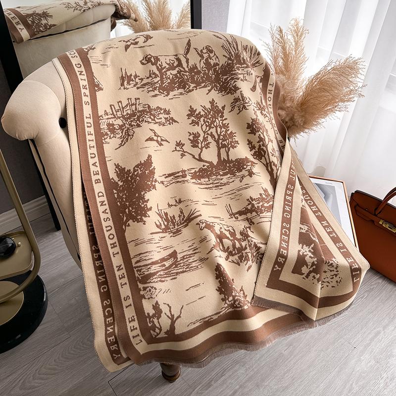 Winter Women'S Scarf Cashmere Luxury  Forest Animal Jacquard Thickened Warm Shawl Cashmere Cloak Scarf Ladies