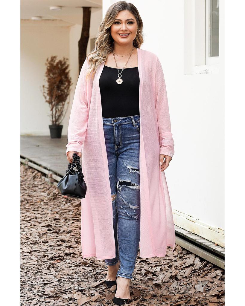 Azura Exchange Pink Sheer Knitted Long Side Slit Plus Size Cardigan