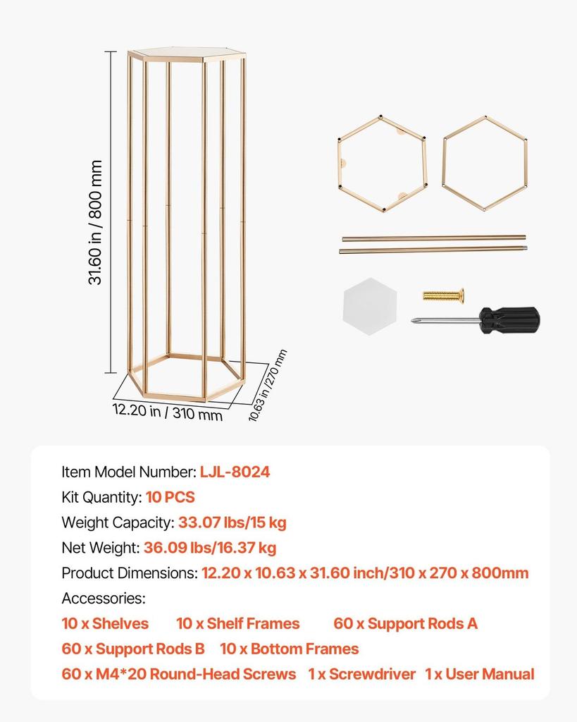 Wedding Flower Stand, 10PCS 80cm Column Flower Stand, Floral Stands with Acrylic Laminate, Hexagonal Cubic Floral Display Rack for Wedding, Party,