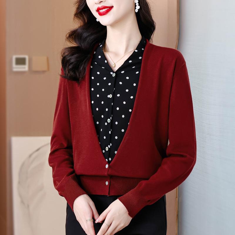 Fake Two-piece Cardigan Sweater Winter New Middle-aged Mom Popular Polka Dot Top
