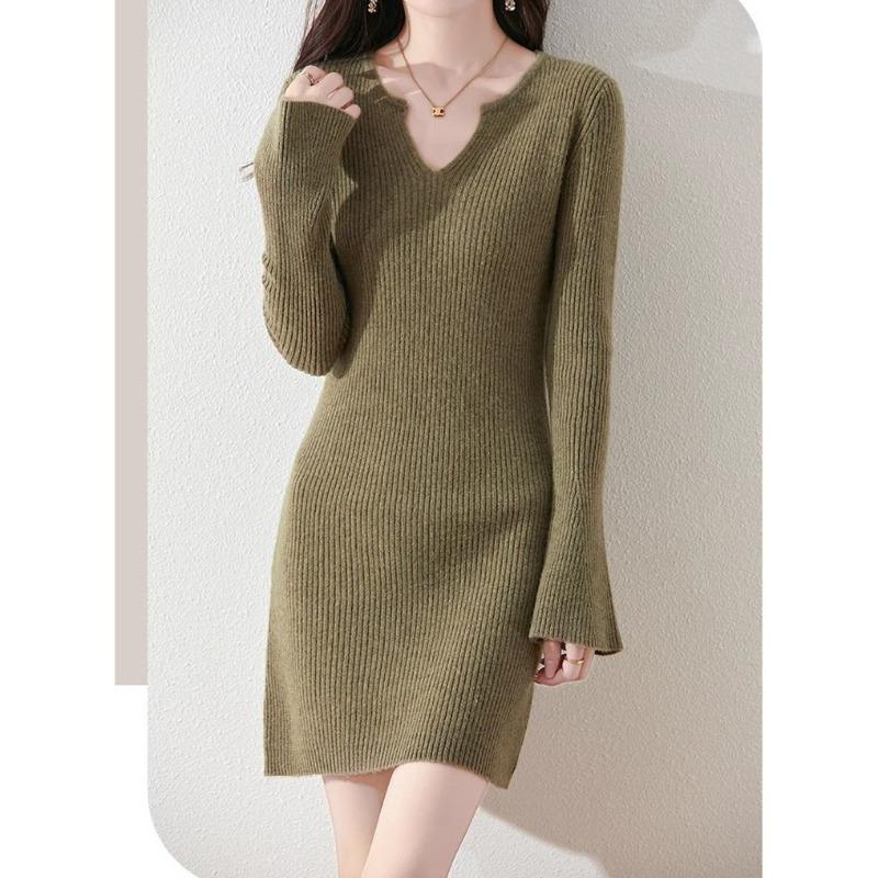 V-neck horn sleeve temperament slim-fitting knitted sweater skirt autumn and winter new medium and long solid color bottoming dress