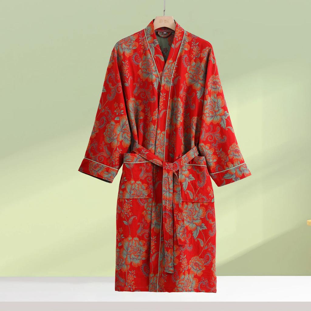 Print Flower Cotton Gauze Kimono Bathrobe Gown Female Robe Negligee Loose Home Dressing Gown Sleepwear Spring Summer Nightwear