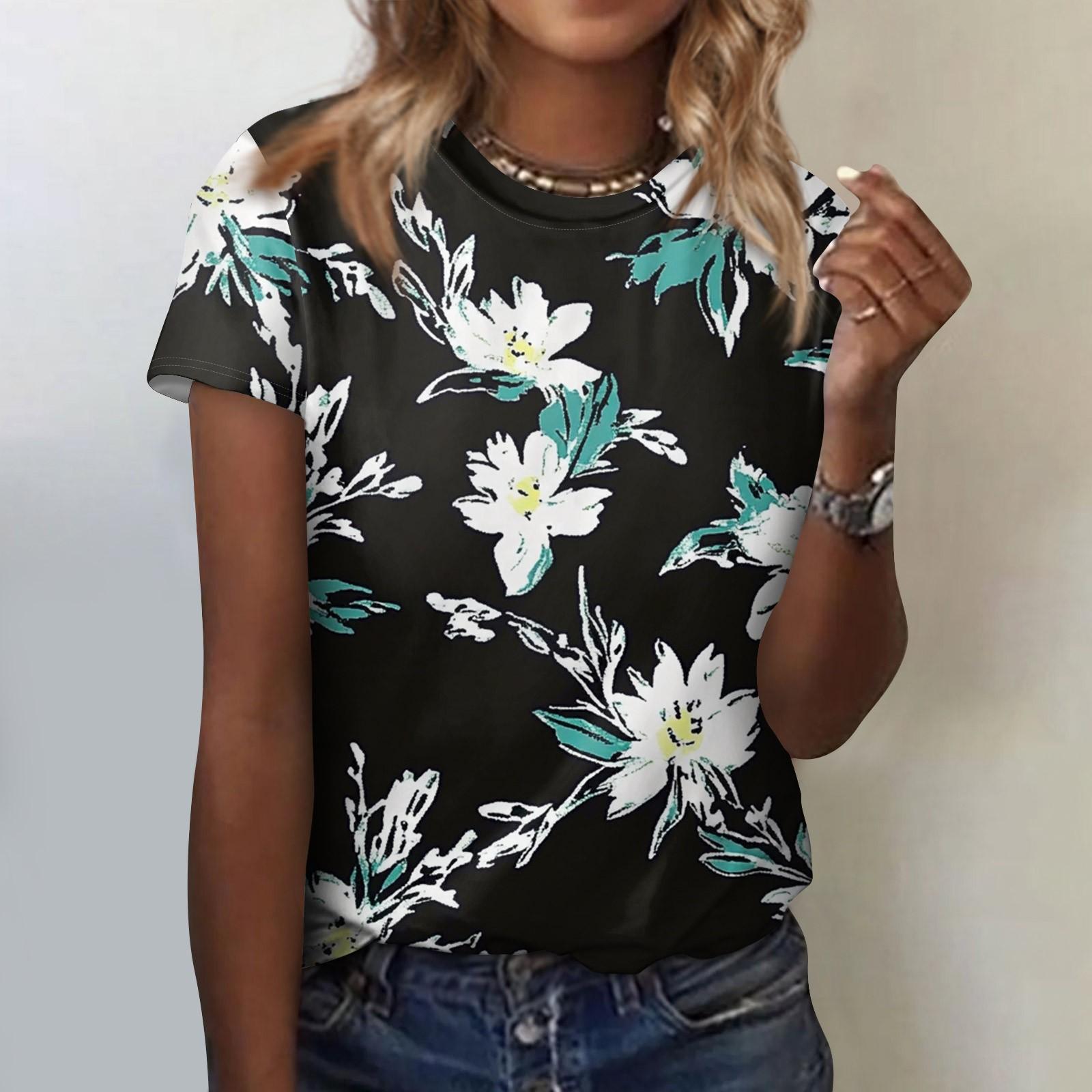 

Женская модная повседневная блузка с круглым вырезом и короткими рукавами с цветочным принтом XXXL чёрный