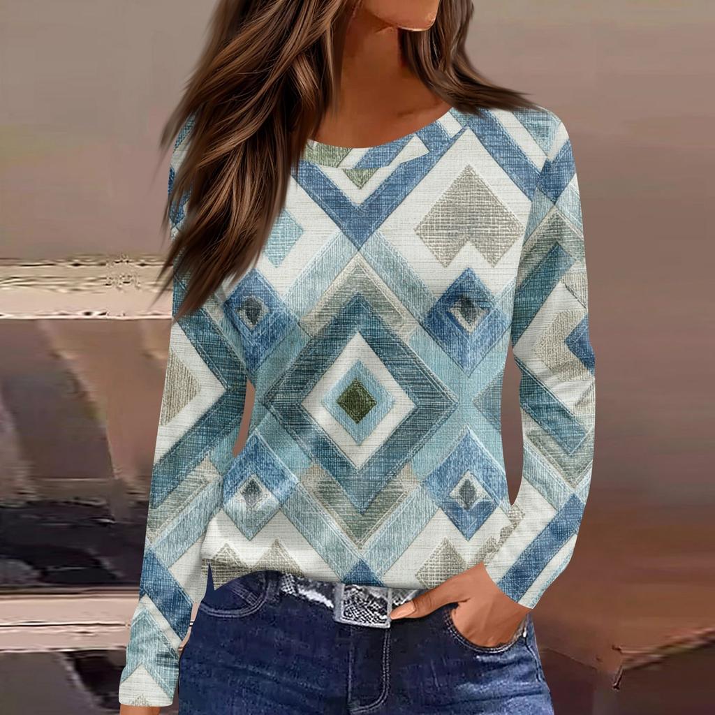 Damenmode Saum Schlitz Lässig Blumendruck Rundhals Langarm Top