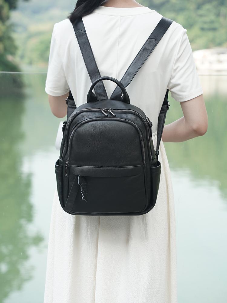 Zency 2025 Genuine Leather Backpack Multi-pocket Design Travel Convertible Shoulder Bag