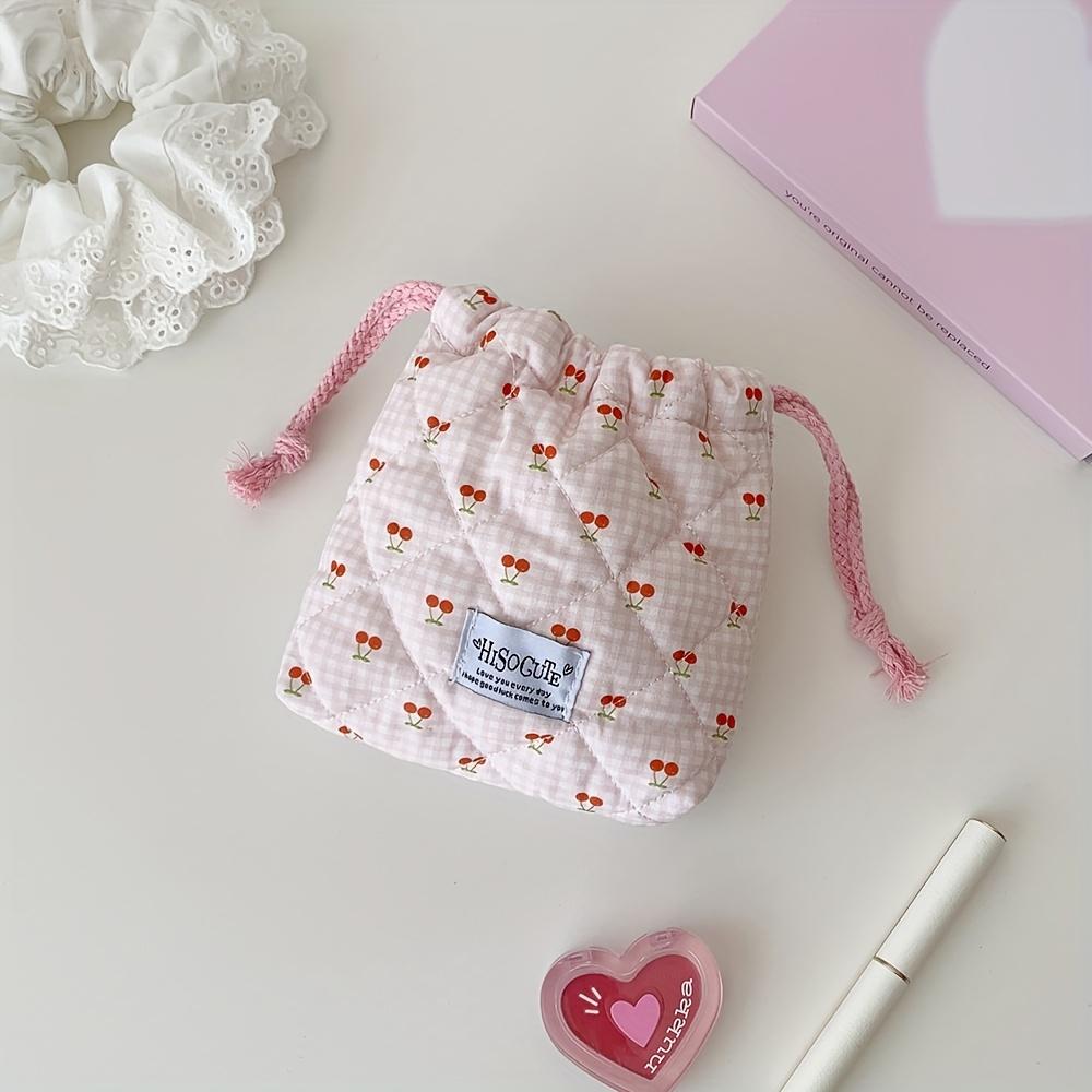 Cute Quilted Cherry Drawstring Pouch, Foldable Portable Storage & Makeup Bag, Ideal Holiday Gift