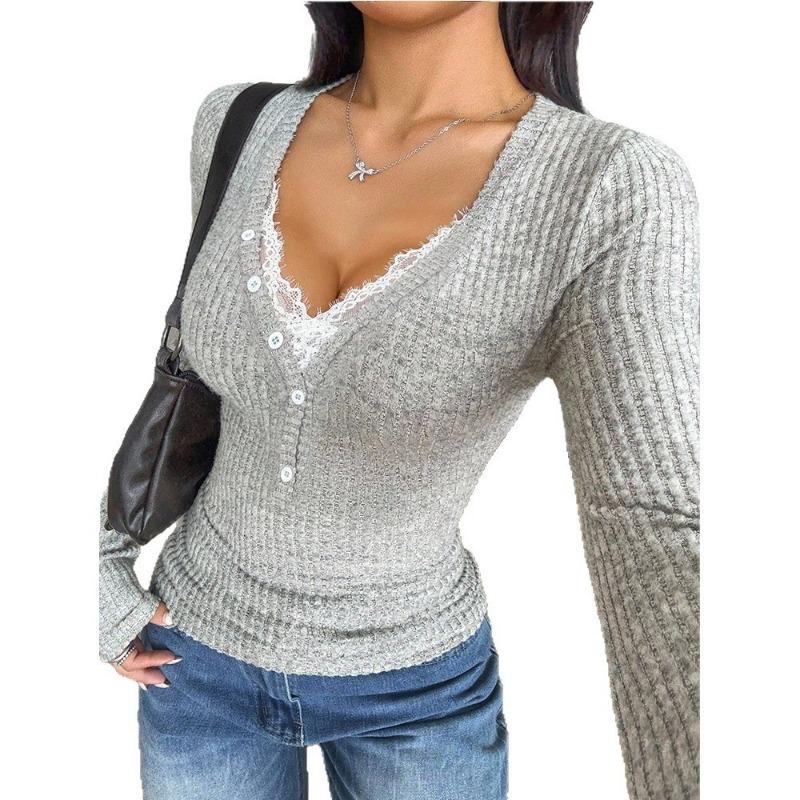 Women S V Neck Lace Trim Slim Fit Solid Long Sleeve T Shirt