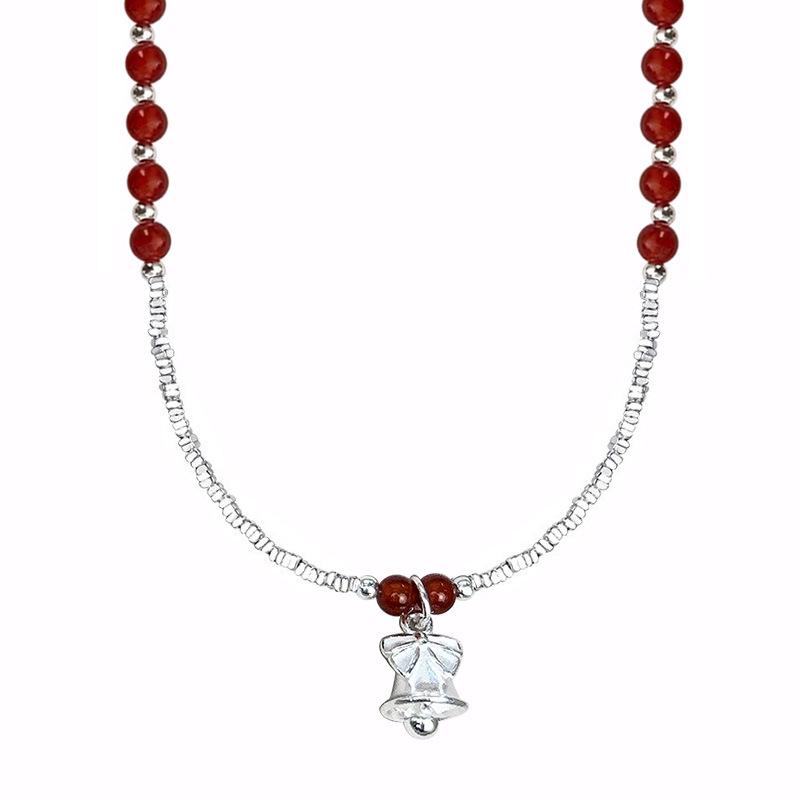 Sterling Silver Red Agate Bell Necklace - Women's Christmas Light Luxury Clavicle Chain