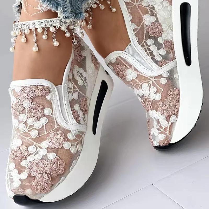 Women's Sneakers Floral Embroidery Mesh Sneakers for Women Slip on Casual Comfy Heeled Shoes Woman
