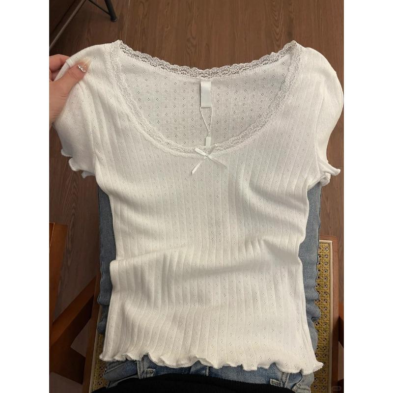 

Летняя девичья футболка с прямыми плечами и тонким белым кружевным бантом для женщин XL белый