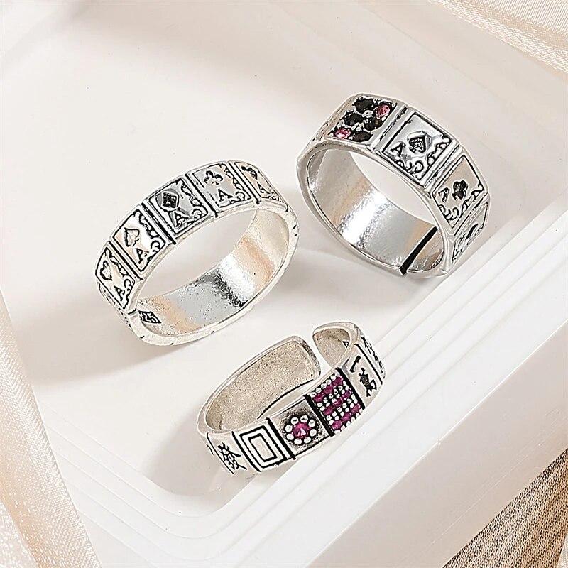 1Pc Adjustable Playing Cards Open Cuff Finger Rings Luxury Vintage Zircon Gift Party for Women Girls