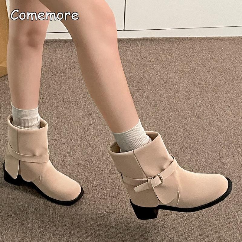Fashion Autumn Winter Round Toe Women Ankle Boots Fashion Belt Buckle Slip On Square Heels Short Booties Office Ladies Daily Footwear