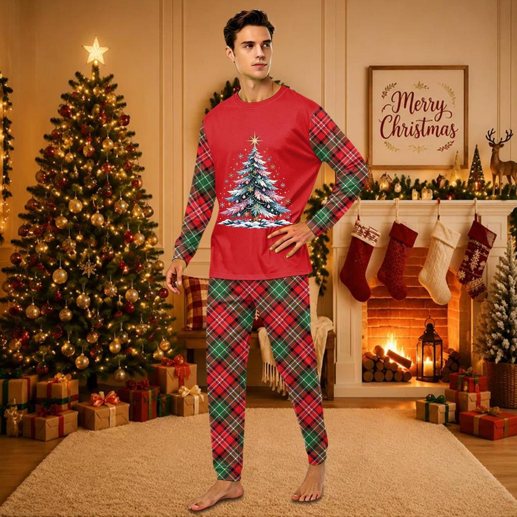 Christmas-print long-sleeve and long-pant matching family loungewear set