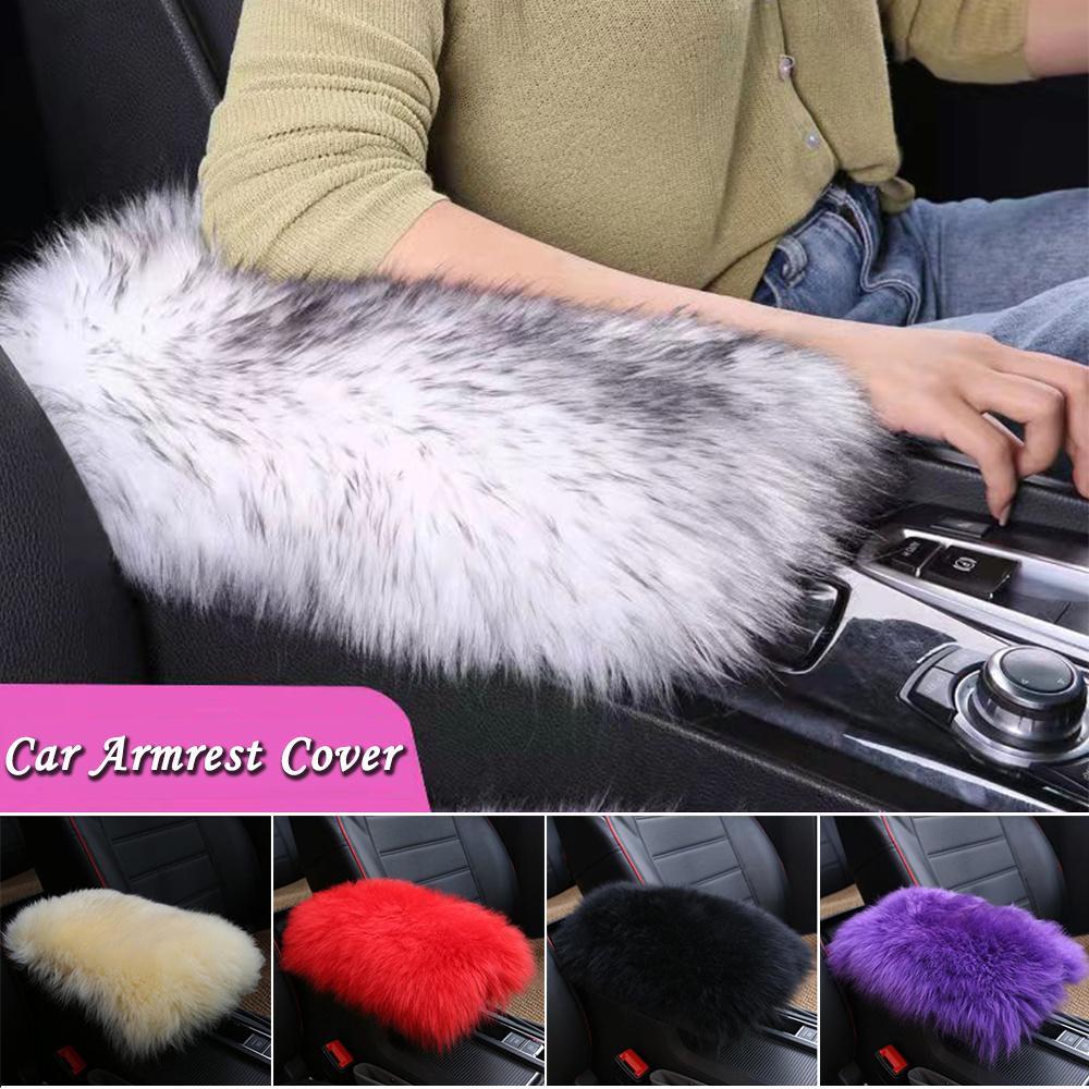 Warm Winter Faux Fur Auto Center Console Cover Black Armrest PadsUniversal Fit