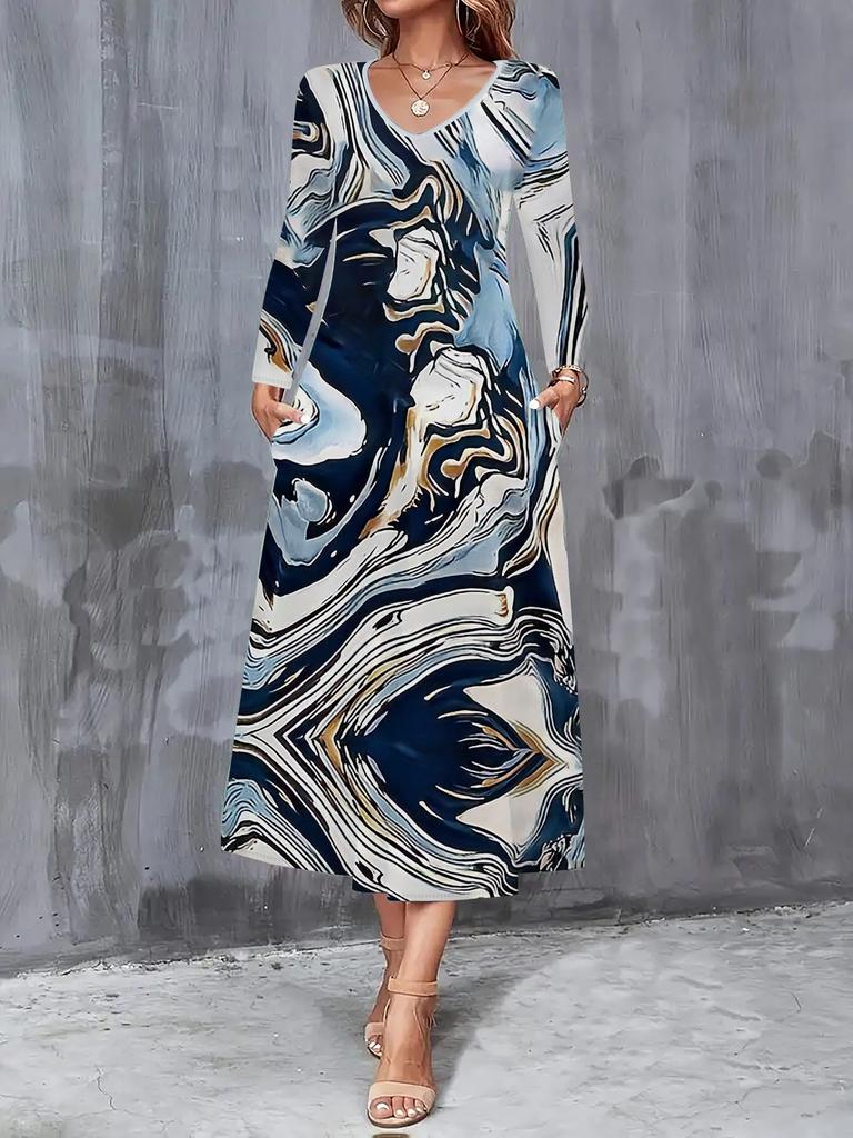 2025 Herbst und Winter Neues Damen Freizeitmode Kleid Herbst 3D Retro Druck Langarm V-Ausschnitt A-Linien Kleider