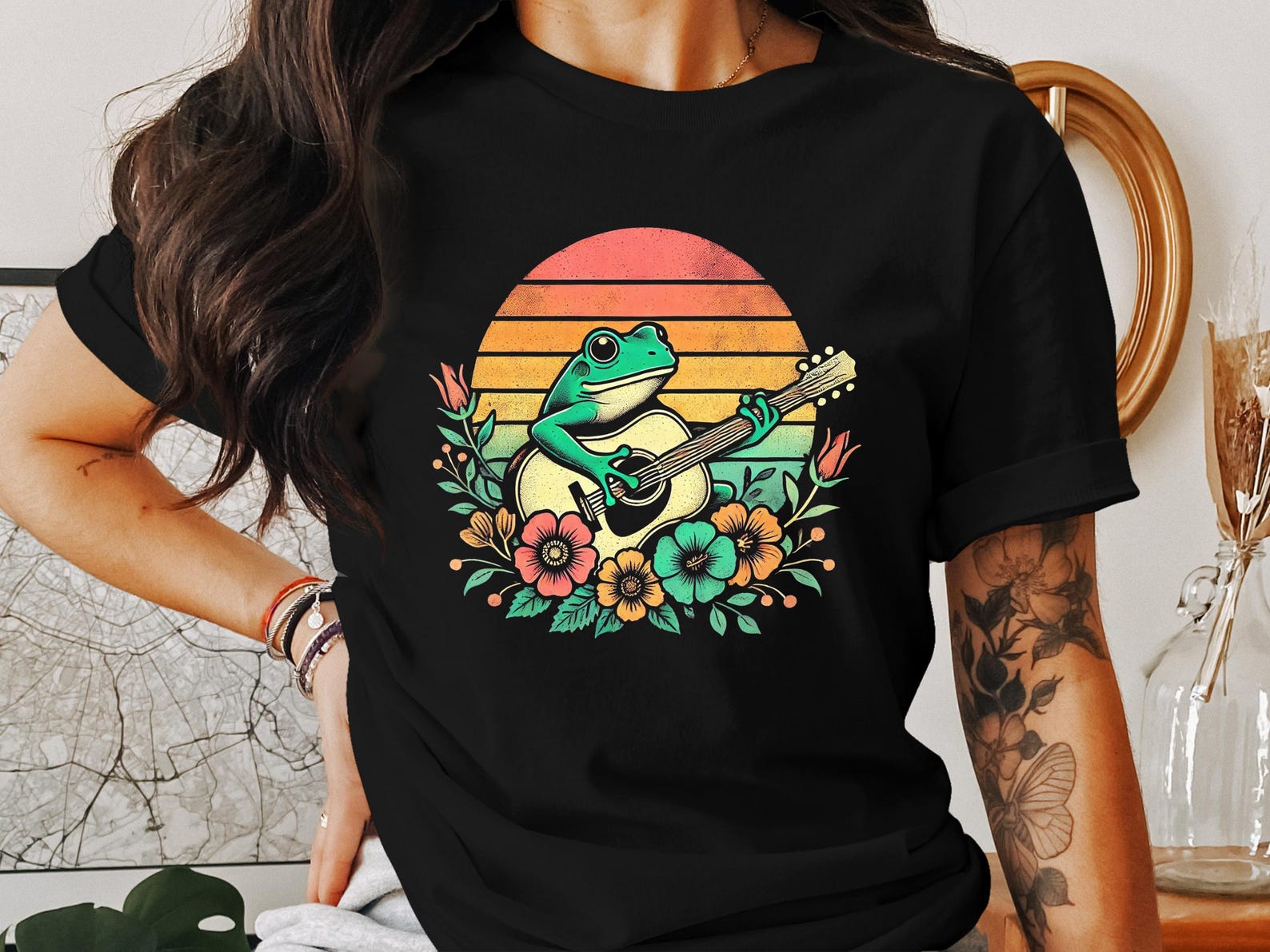 Retro Frog Guitar T-Shirt, Cottagecore Aesthetic Tee, Vintage Frog Playing Guitar Shirt, Floral Frog Graphic Tee, Frog Lover Gift 3XL