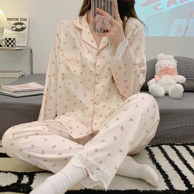 Pyjamas Damen Seiden-Langarmpyjamas Pyjama-Anzug mit Blumendruck Hochwertige Eisseide Kann Draußen Als Pyjama Für Zu Hause Getragen Werden