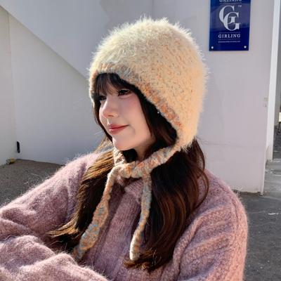 Winter Warm Face Small Plush Knitted Hat Contrasting Hat Dual-Purpose Ear Protector Cute Wool Hat Lei Feng Hat