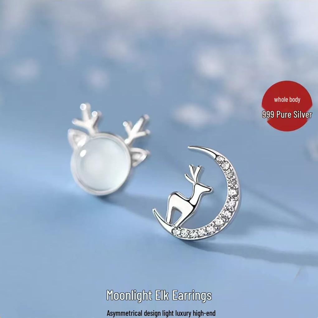 Pure Silver Korean Minimalist Antler Stud Earrings - Sweet Moonlight Reindeer Christmas Design