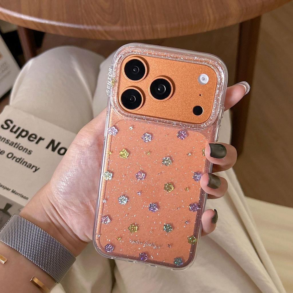 Esthetische Glanzende Goudfolie Bloemenhoesje voor iPhone 17 Pro Max/16/15 met Ketting