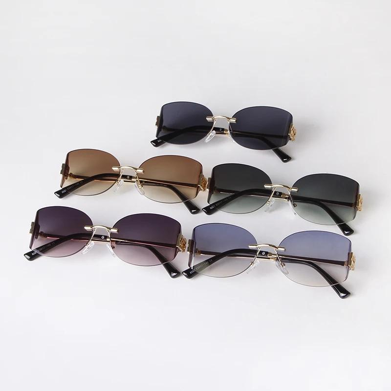 Trendy Oval Gradient Lens Rimless Sunglasses Brand Design Women Men Luxury Metal Rivets Gray Shades Sun Glasses Eyewear Female