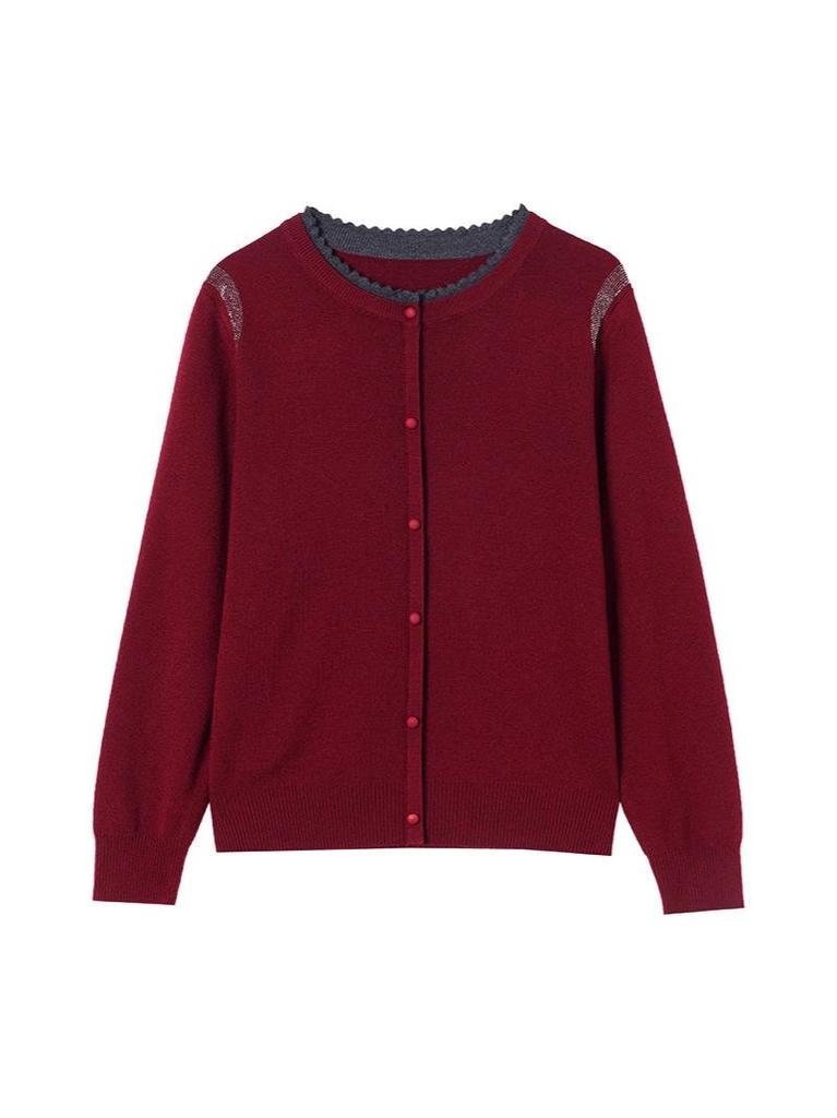 2025 Red Knitwear Round Neck Sweater for Middle-aged Women - Stylish Spring & Autumn Fashion
