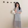 Summer Elegant Knit Dress With Puff Sleeve And Splicing For Casual Wear