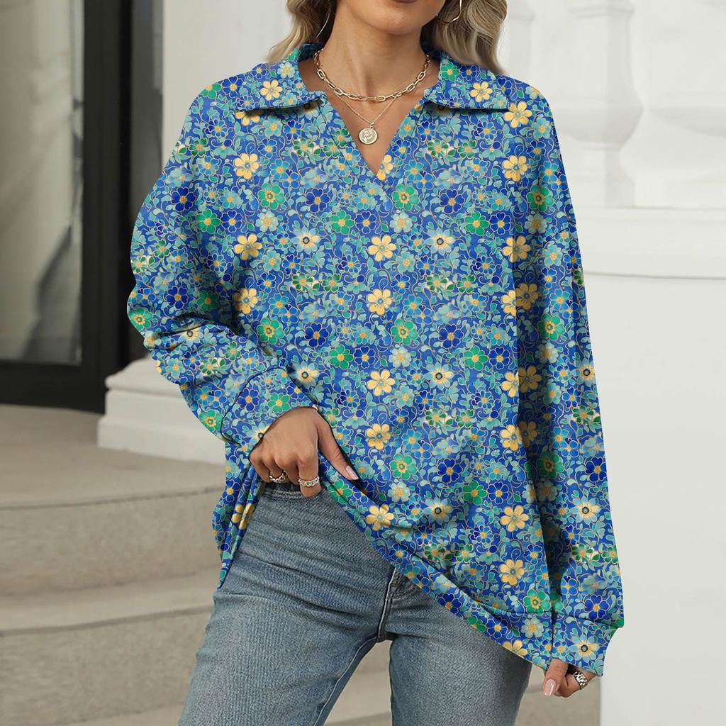 Women's Summer Fashion Casual  Printed V-Neck Long Sleeve Shirt Top