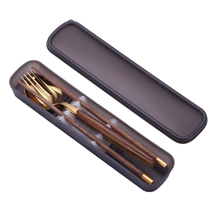 Stainless Steel Portable Tableware Wooden Chopsticks Spoon Fork Set Student Outdoor Picnic Convenience Box Three-piece Set