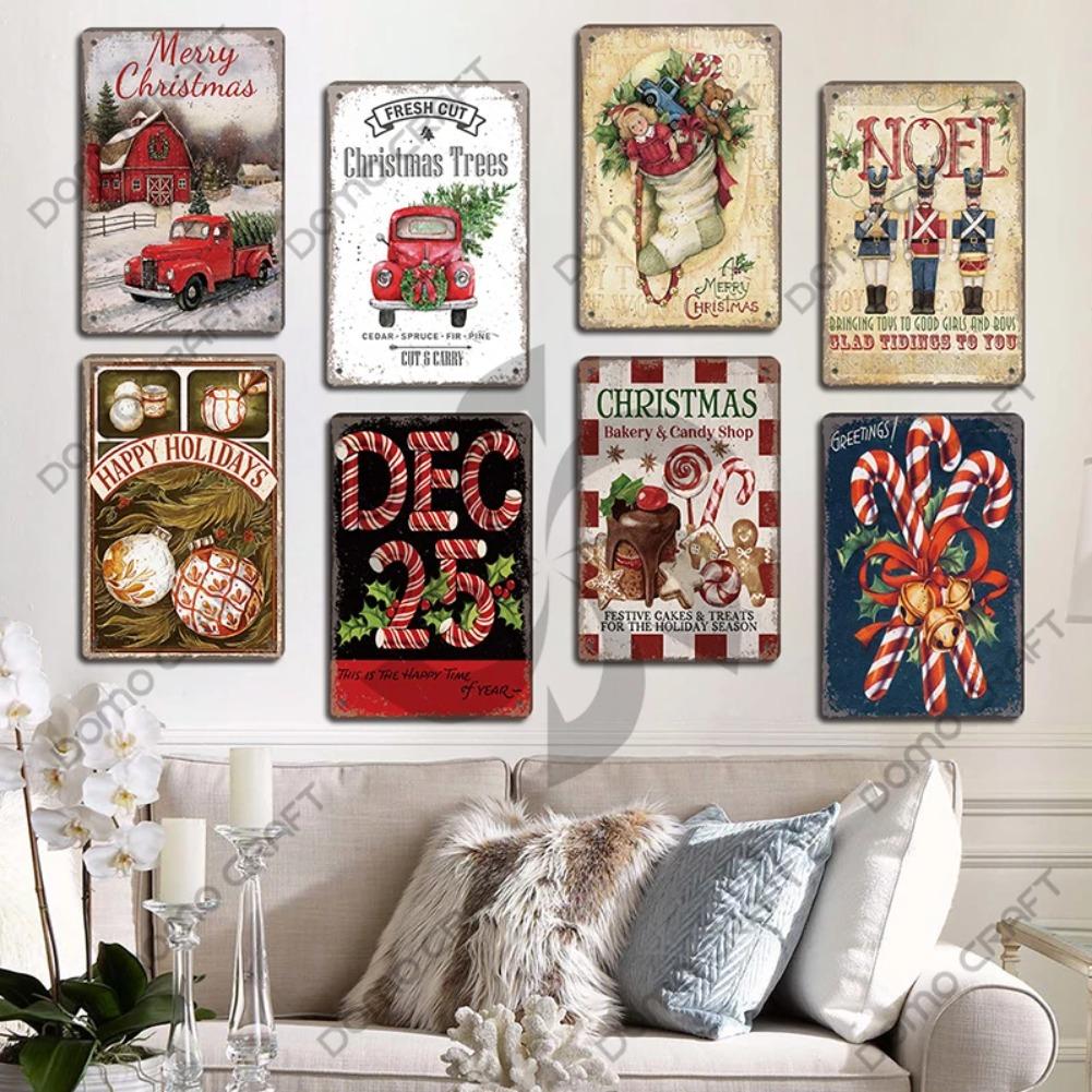 Merry Christmas Poster Vintage Metal Tin Signs Cakes Music Box Christmas Tree Metal Plaque Bakery Candy Shop Home Wall Decor