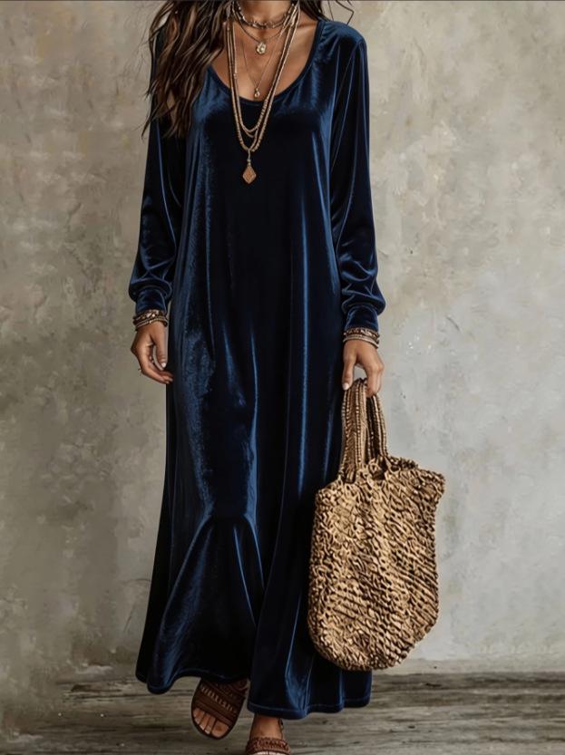 Elegant 2026 European & American Velvet Long-Sleeve Dress for Women