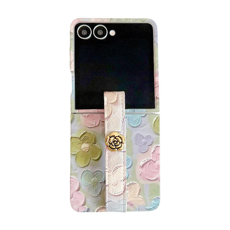 Embossed Watercolor Flower Samsung Z Flip6/5/7 Case with Anti-Lost Wrist Strap